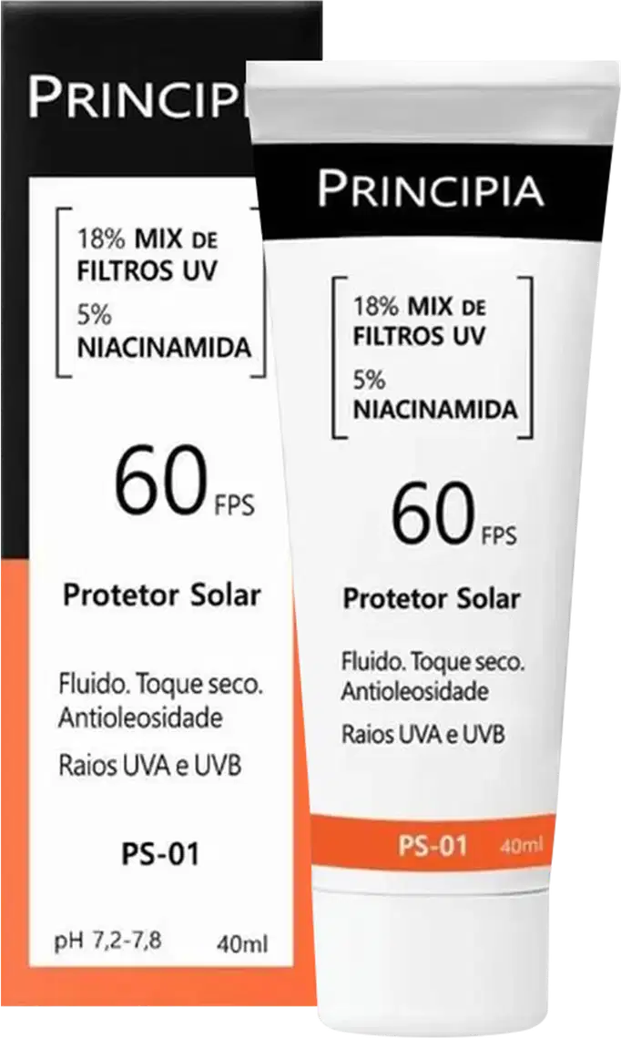 Embalagem preta e branca de protetor solar da marca Principia, com 60 FPS e contendo 18% de filtros UV e 5% de niacinamida. O produto é apresentado em um tubo de 40ml com rótulo informando suas propriedades.