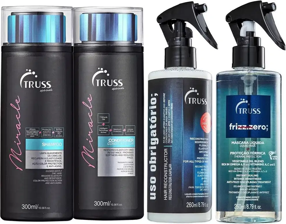 O conjunto de produtos Truss inclui shampoo, condicionador, máscara líquida e spray anti-frizz em embalagens pretas e azuis com detalhes em branco. As embalagens possuem rótulos com o nome da marca e informações sobre os benefícios dos produtos.