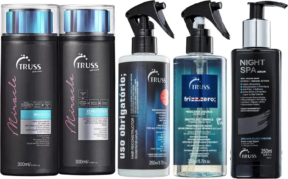 Conjunto de produtos de beleza da marca Truss, incluindo shampoo, condicionador, máscara líquida, tratamento anti-frizz e sérum para a noite, em embalagens pretas, azuis e brancas com detalhes em cores vibrantes.