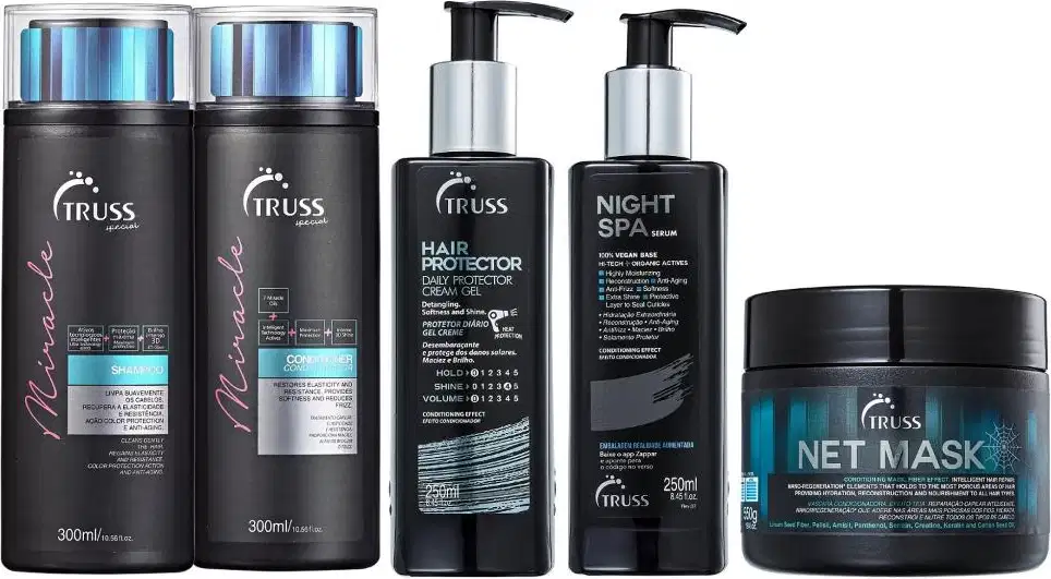 Kit TRUSS Miracle + Hair Protector + Night SPA + Net Mask, 5 produtos.