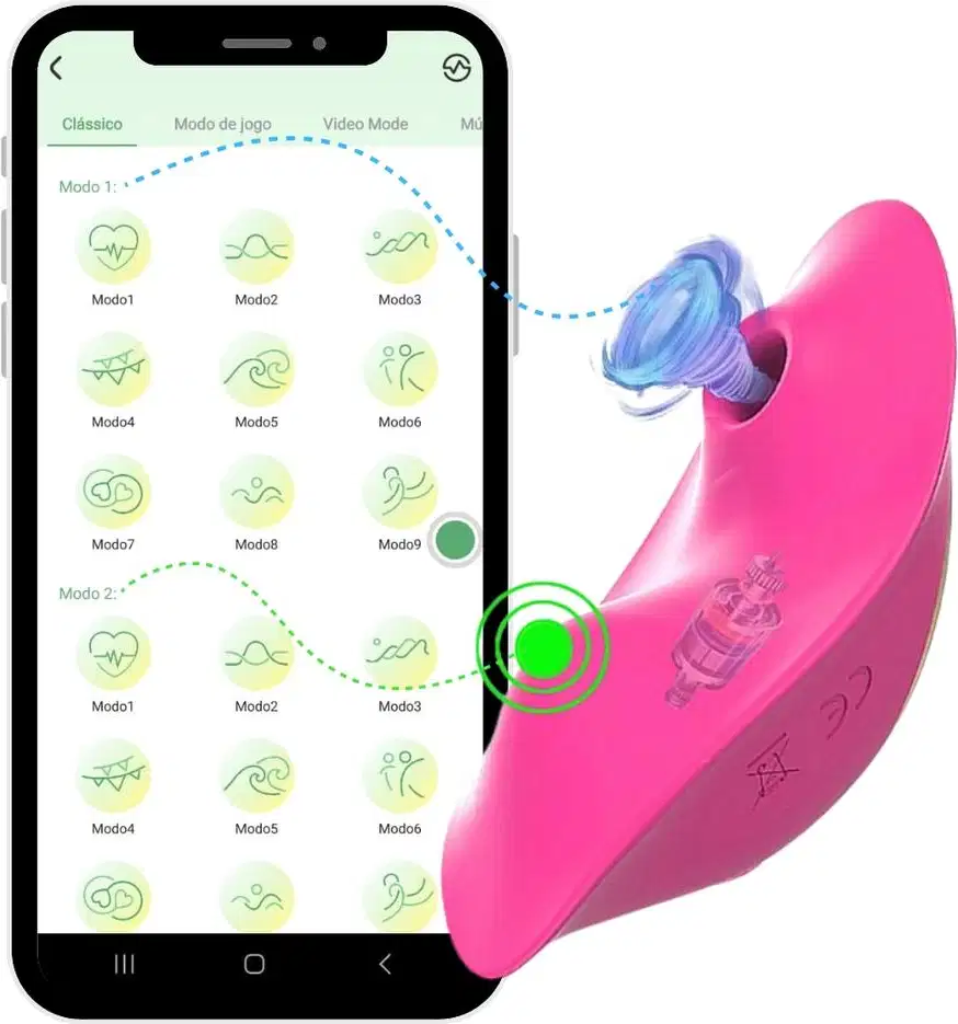 Vibrador rosa com aplicativo de controle, exibindo diferentes modos de vibração no display do smartphone.