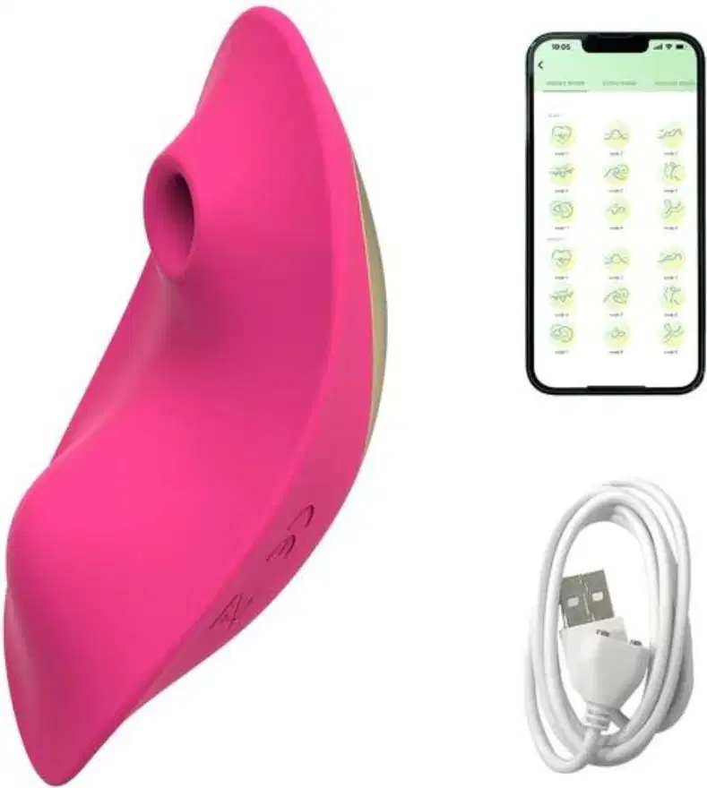 Vibrador rosa em formato de onda, com aplicativo de controle remoto via smartphone. Acompanha cabo USB para carregamento. Produto da marca Sexy Import.