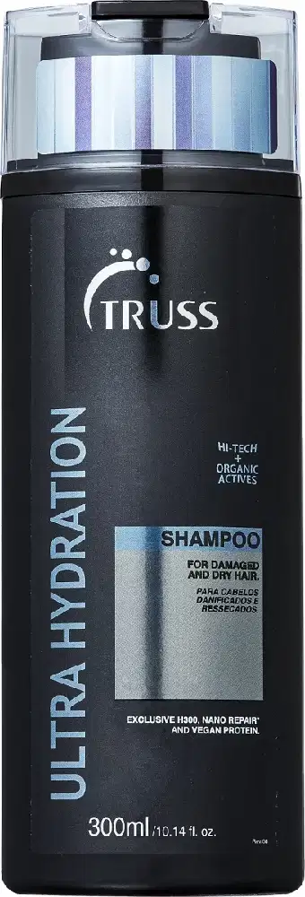 A imagem mostra um frasco de 300ml de shampoo preto.
