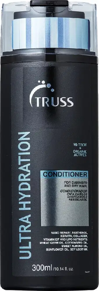 A imagem mostra um frasco de 300ml de condicionador preto.