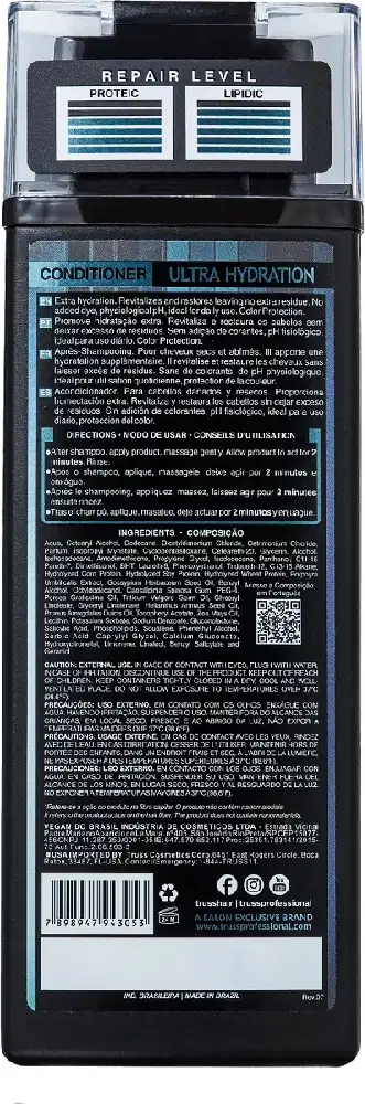A imagem mostra um frasco de 300ml de condicionador preto, de costas.