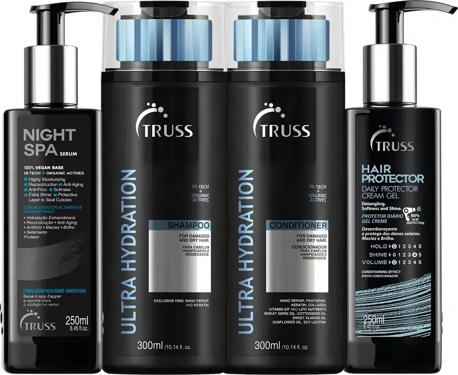 A imagem mostra uma linha de produtos para cabelos da marca Truss. São apresentados quatro itens diferentes:

1. Shampoo Ultra Hidratação
2. Condicionador Ultra Hidratação
3. Leave-in Hair Protector
4. Sérum Noturno Night Spa