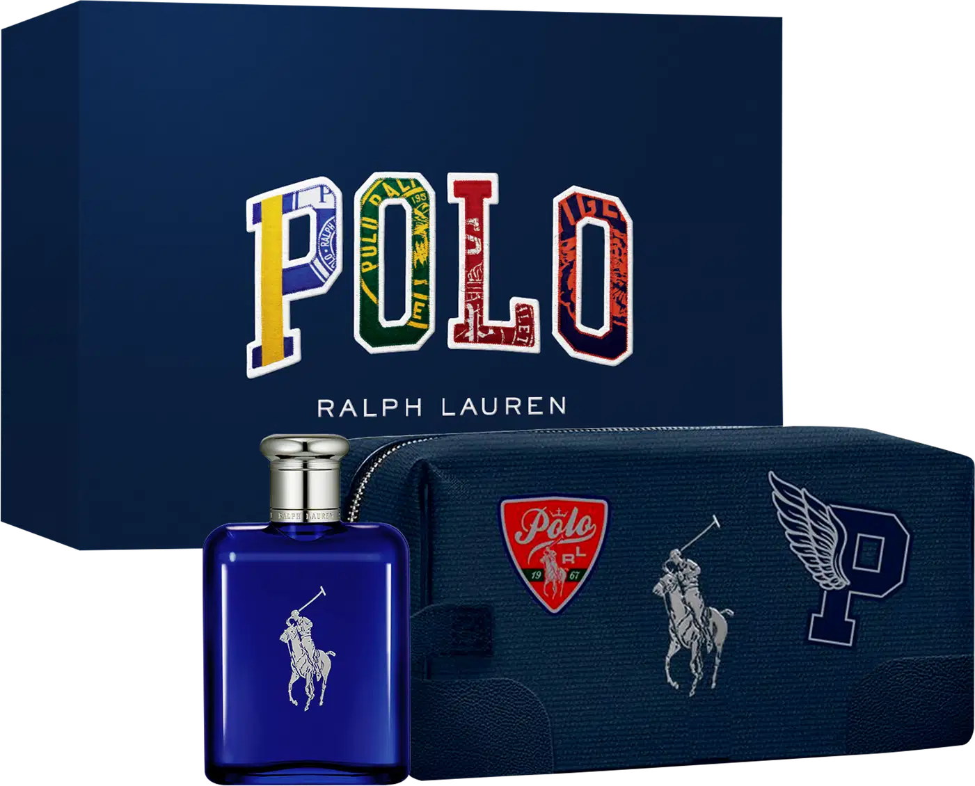 Conjunto de produtos Ralph Lauren Polo. Perfume em frasco retangular azul escuro com o logotipo do cavalo branco e tampa prateada. Estojo azul marinho em tecido com o cavalo branco e o emblema Polo vermelho bordados.