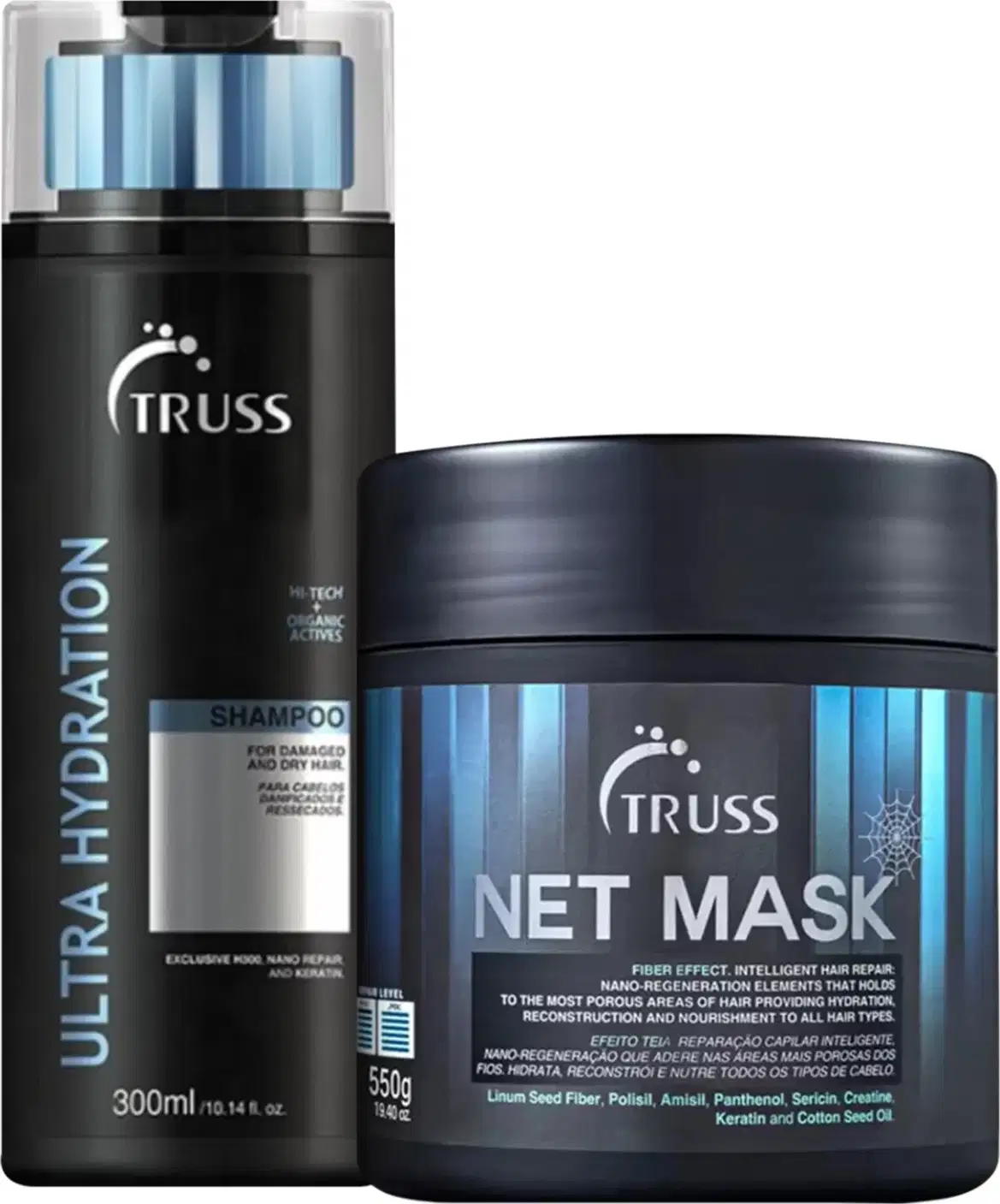 A imagem tem dois produtos de marca TRUSS. Um frasco plástico grande preto, de shampoo, com o logo da marca acima e nome da linha na lateral esquerda. A máscara apresenta um pote grande preto arredondado, com fundo azul, marca e nome da linha em destaque.