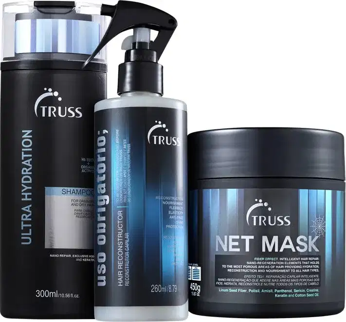 Kit com 3 produtos de TRUSS. Um frasco grande de shampoo, um frasco de uso obrigatório spray e um pote redondo de máscara capilar.
