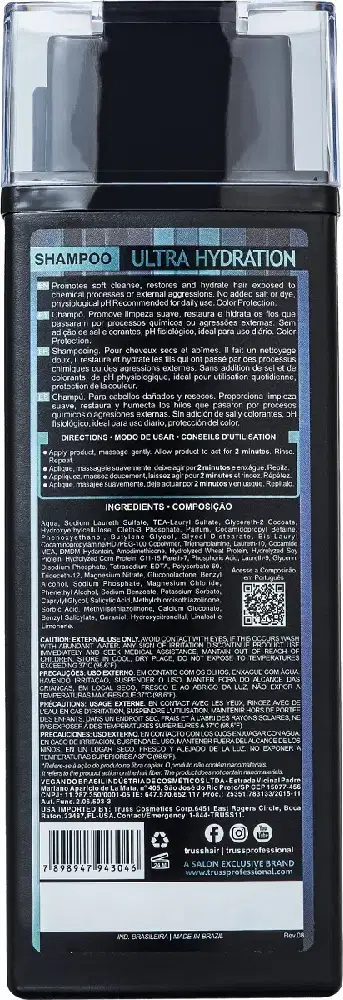 A imagem mostra um frasco de 300ml de shampoo preto, de costas.