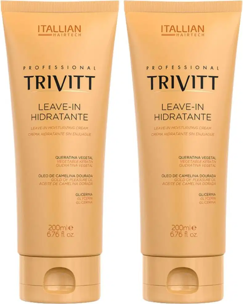 Dois frascos de creme hidratante leave-in da marca Itallian Hairtech Professional Trivitt. Os frascos são de plástico rígido na cor bege claro. Possuem formato cilíndrico com tampa na mesma cor.