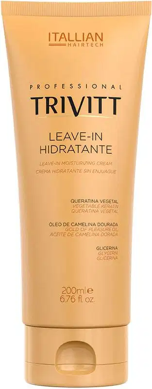 Produto de cuidado capilar leave-in hidratante da marca Trivitt, linha profissional Italian Hairtech. Embalagem tubular de plástico na cor bege. Rótulo frontal com o nome do produto "Leave-In Hidratante" e a marca Trivitt em letras pretas.