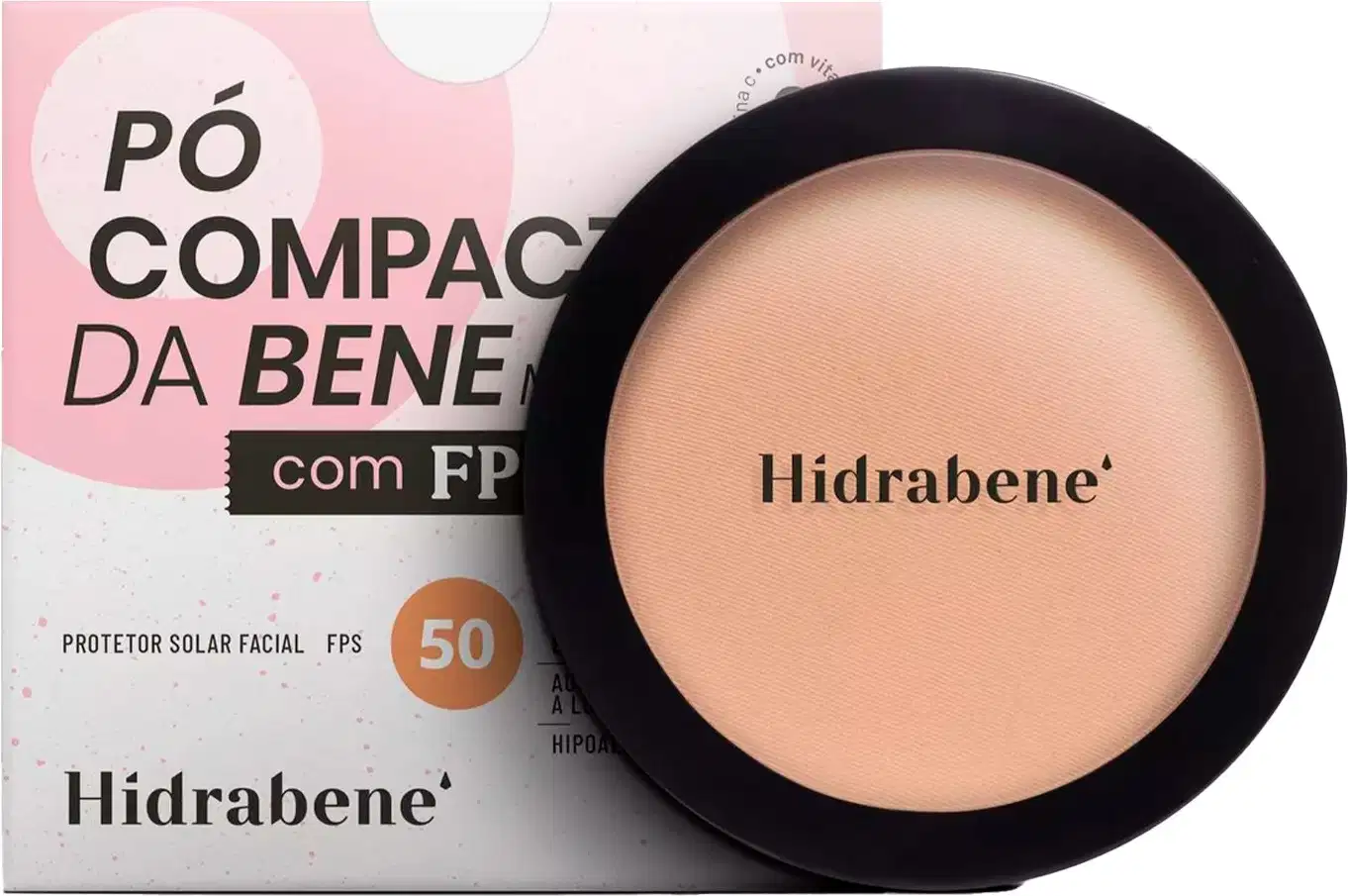 Pó compacto da marca Hidrabene com FPS 50, embalado em caixa rosa e recipiente preto redondo. O produto é um protetor solar facial em formato de pó compacto.