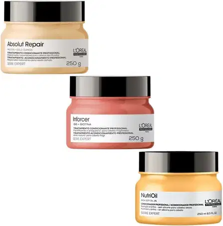 A imagem apresenta três potes de tratamento capilar da marca L'Oréal Professionnel. O primeiro possui o rótulo "Absolut Repair". O segundo possui o rótulo "Inforcer". O terceiro possui o rótulo "Nutri Oil".