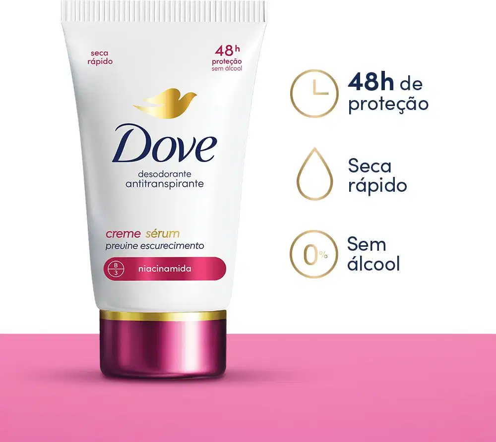 A imagem mostra o desodorante em creme com textos ao lado que destacam benefícios como: 48h de proteção, seca rápido e sem álcool.