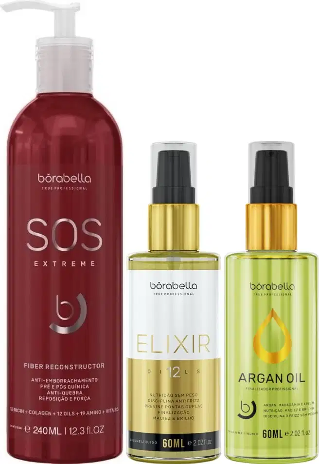 Kit com máscara de reconstrução SOS Extreme, óleo capilar Elixir e reparador de pontas, da marca Borabella.