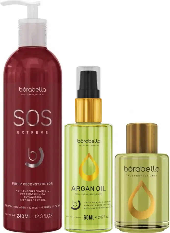 Kit com máscara de reconstrução SOS Extreme, óleo capilar Elixir e reparador de pontas, da marca Borabella.