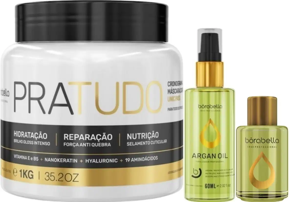 Kit com máscara capilar Pra Tudo e reparadores de pontas Argan, da marca Borabella.