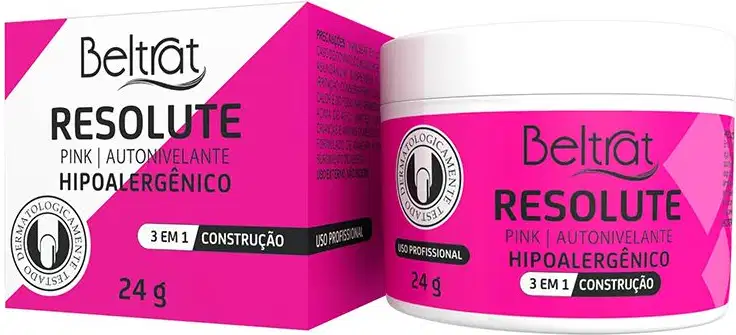 Caixa e pote de produto de beleza da marca Beltrat, com a embalagem na cor rosa e o nome "Resolute" destacado. O produto é descrito como um tratamento hipoalergênico 3 em 1.