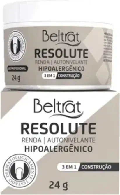O produto Beltrat Resolute é uma renda autonivelante hipoalergênica em embalagem de 24g, com construção 3 em 1 e design minimalista em tons neutros.