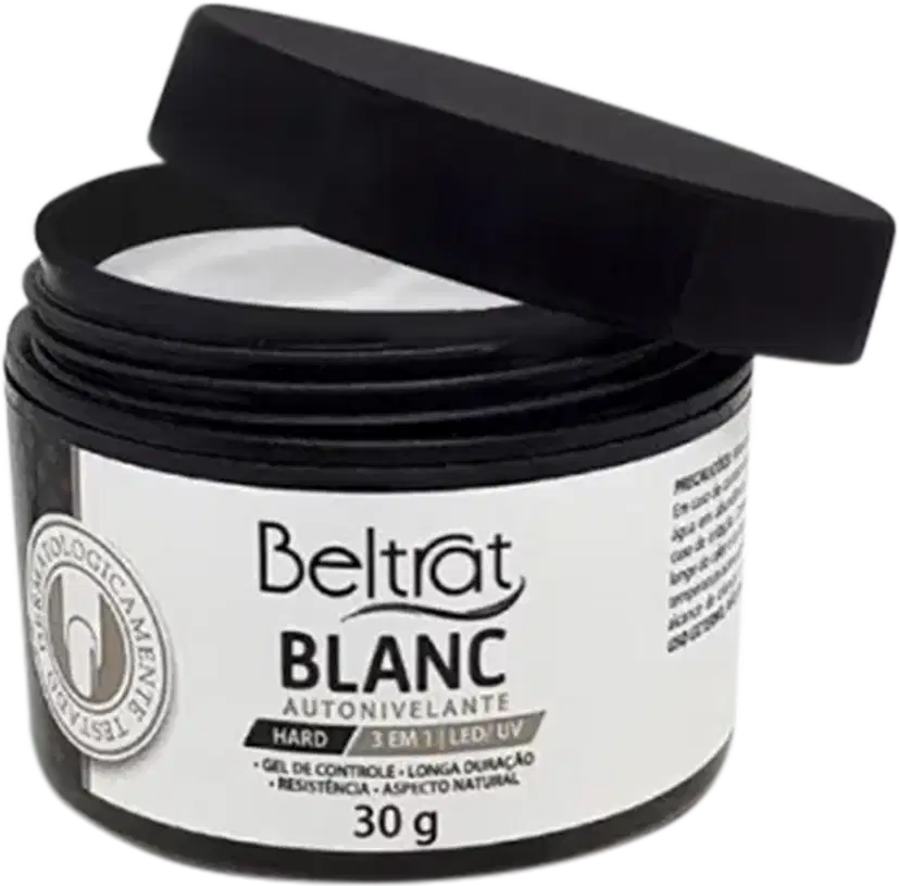 Pote preto de 30g do produto de beleza Beltrat Blanc, um autonivelante em formato de creme com rótulo branco e texto preto destacando o nome do produto.