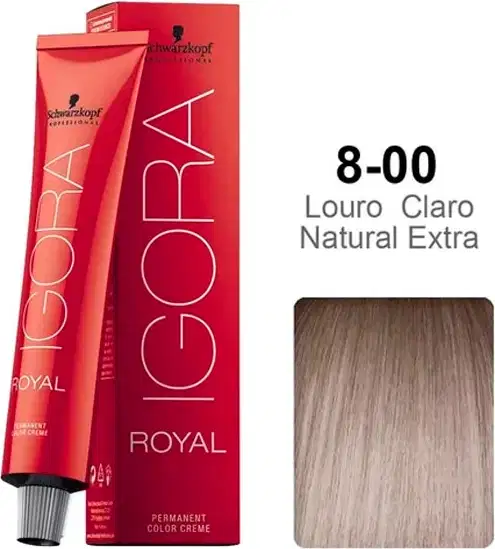 Coloração de cabelo da marca Schwarzkopf Professional, na cor vermelha, com o nome "Igora Royal" impresso em preto. O produto é descrito como uma tintura de cabelo permanente.