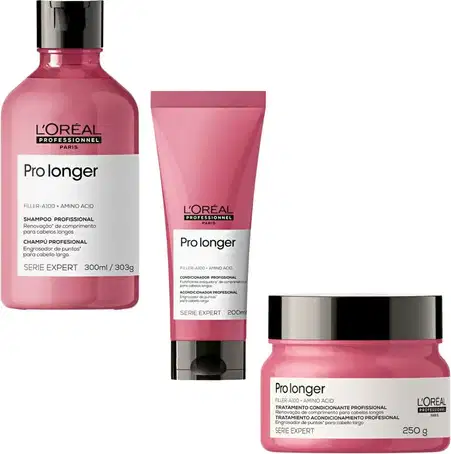 A imagem mostra 3 produtos da linha Pro Longer da L'Oréal Professionnel. Um shampoo em uma embalagem plástica rosa de 300ml. Outro é um condicionador em um tubo rosa de 300g. O terceiro é uma máscara capilar em um pote rosa de 250g.