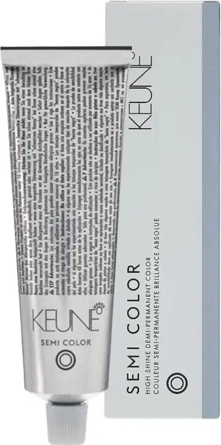 Tubo de tinta para cabelo da marca Keune, na cor semi color, com embalagem cinza e branca contendo o nome da marca e informações sobre o produto.