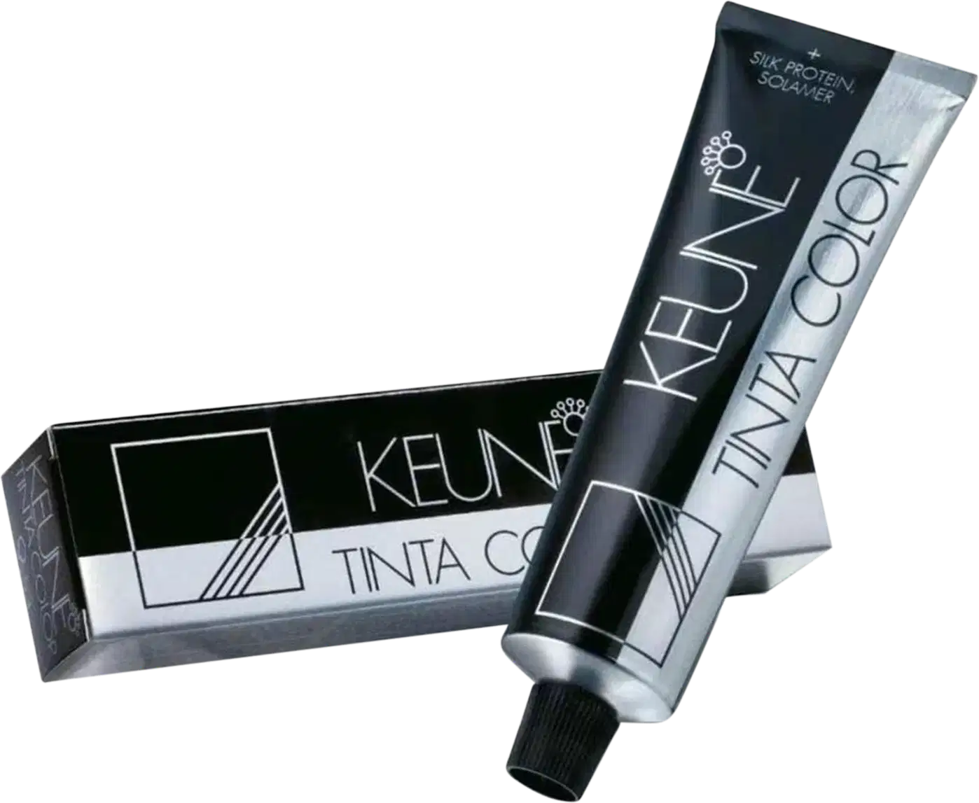 Produto de coloração permanente para cabelos Tinta Color da marca Keune. Embalagem retangular preta com detalhes em branco contendo o nome do produto e da marca.