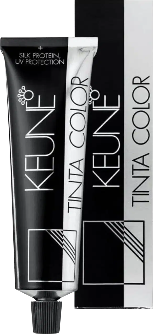 Produto de coloração permanente para cabelos Tinta Color da marca Keune. Embalagem retangular preta com detalhes em branco contendo o nome do produto e da marca.