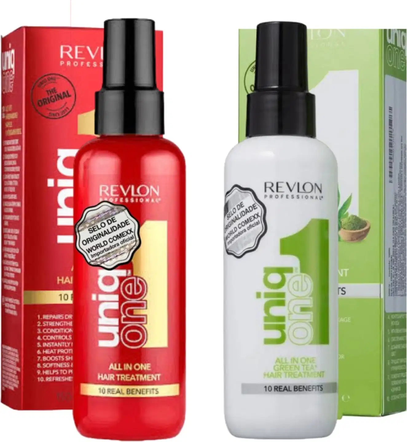 Dois leave-ins Revlon Professional. À esquerda o "Uniq One All in One Hair Treatment", um tratamento capilar multibeneficios. À direita, um frasco branco com tampa preta contém o "Uniq One All in One Green Tea Hair Treatment" da mesma linha.