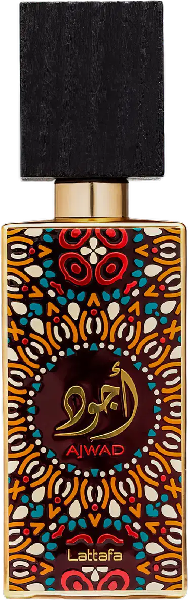 Frasco de perfume Lattafa Ajwad, com design colorido e geométrico em tons de laranja, vermelho e azul, com rótulo em árabe e dourado. Embalagem preta e dourada, com tampa quadrada.