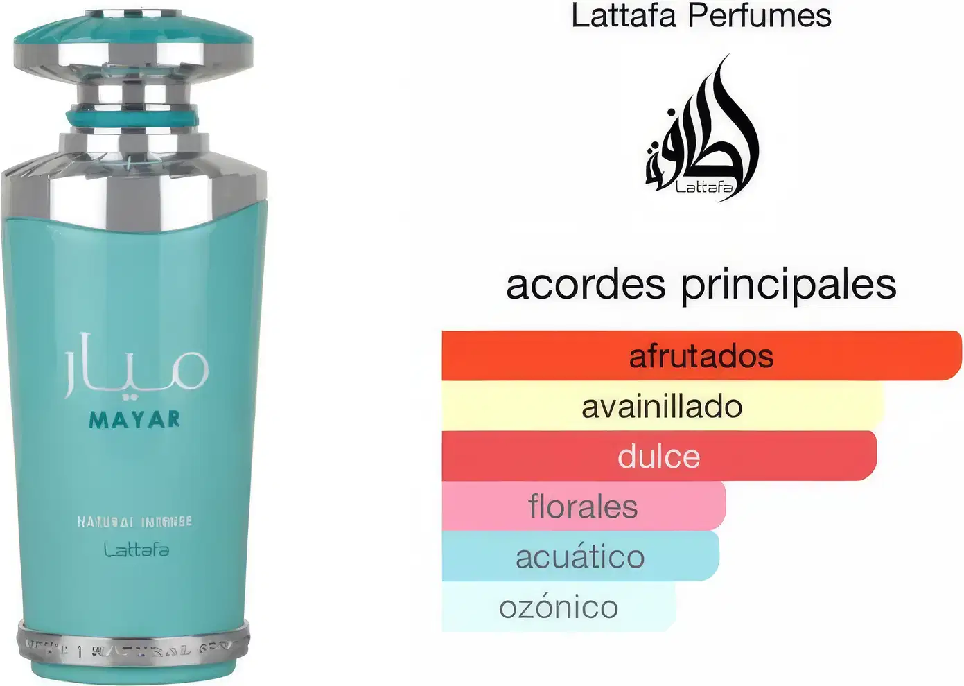 Imagem de um item de perfumaria da marca Lattafa Perfumes, com o nome "Mayar" e os principais acordes olfativos listados: afrutados, avainillado, dulce, florales, acuático, ozónico.
