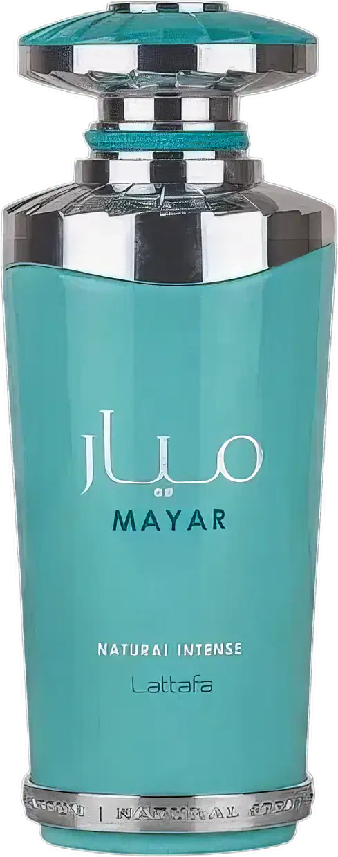 Frasco de perfume Lattafa Mayar, com design moderno e elegante em tons de azul-turquesa. O rótulo exibe o nome da marca em letras brancas. O frasco possui uma tampa decorativa com detalhes em prata, conferindo um visual sofisticado ao produto.