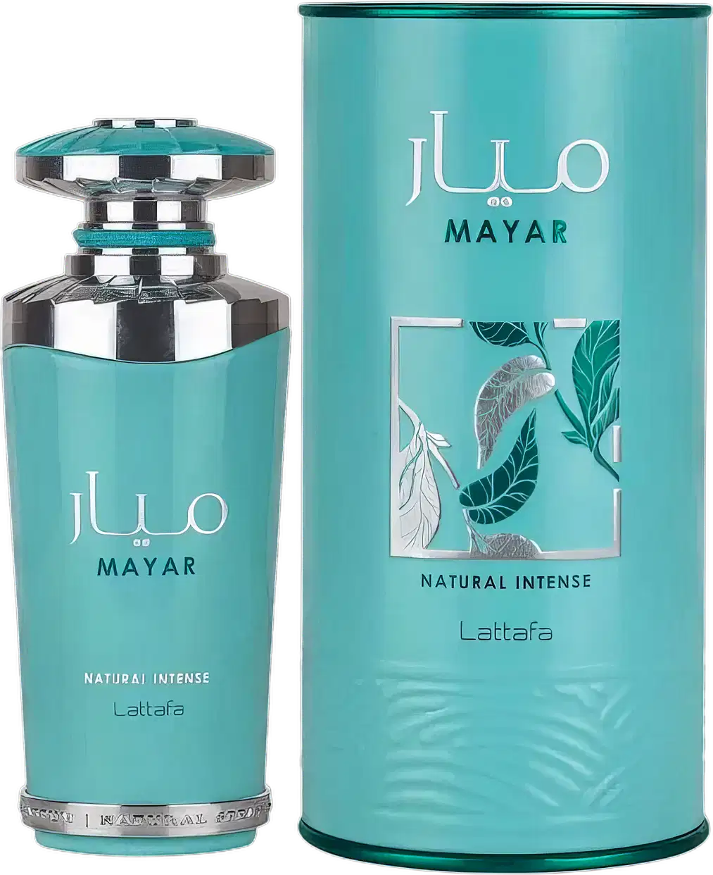 Recipiente de item de perfumaria em tons de azul-esverdeado com rótulo "Mayar Natural Intense" e ilustração de folhas. Embalagem cilíndrica com tampa decorativa. Texto adicional "Lattafa" e "Natural Intense" visível.