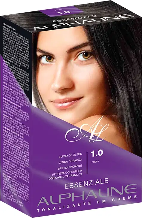 Caixa de tinta para cabelo Essenziale Alphaline, tonalizante em creme. A embalagem é uma caixa retangular de cor roxa escura com detalhes em branco. Na frente, há uma imagem de uma modelo com cabelos pretos. O texto na caixa indica que é o tom 1.0 Preto