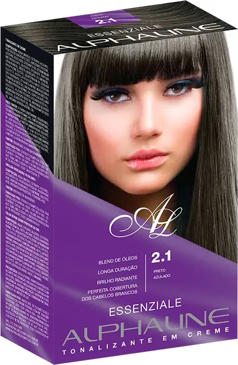 Caixa de tinta para cabelo Essenziale Alphaline, tonalizante em creme. A embalagem é uma caixa retangular de cor roxa escura com detalhes em branco. Há uma imagem de uma modelo com cabelos pretos. O texto na caixa indica que é o tom 2.1 Preto Azulado