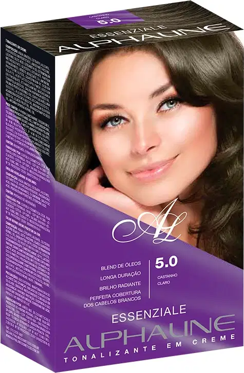 Caixa de tinta para cabelo Essenziale Alphaline, tonalizante em creme. A embalagem é uma caixa retangular de cor roxa escura com detalhes em branco. Há a imagem de uma modelo com cabelos castanhos. O texto na caixa indica que é o tom 5.0 Castanho Claro