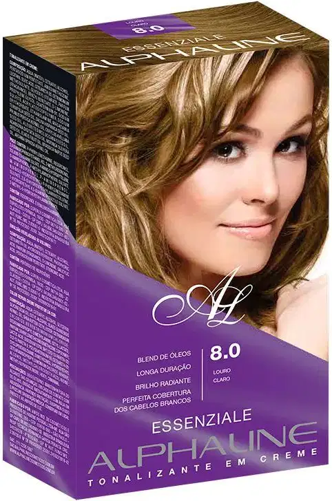 É uma caixa de tinta para cabelo da marca Alpha Line, da linha Essenziale. A embalagem é uma caixa retangular em tons de roxo. Na frente, há a imagem de uma modelo loira com cabelos ondulados. O número 8.0 indica o tom "Louro Claro".