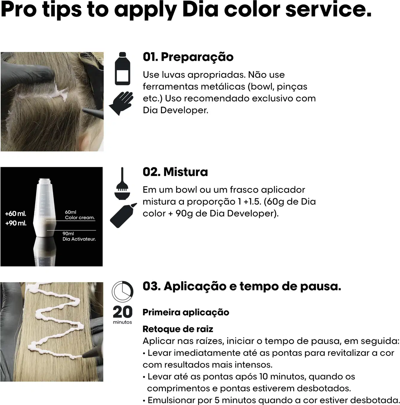 Esta imagem apresenta instruções e produtos para aplicação de serviço de coloração de cabelo Dia da L'Oréal Professionnel. Mostra uma foto de cabelo sendo aplicado com tinta.