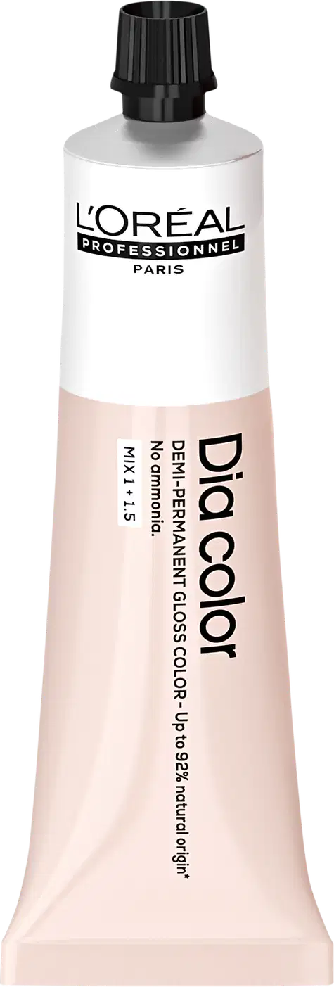 Produto de coloração capilar da linha L'Oréal Professionnel Dia Color. Embalagem em tubo plástico branco com detalhes em preto. Rótulo frontal exibe o logotipo L'Oréal Professionnel e o nome do produto "Dia Color" em letras pretas.