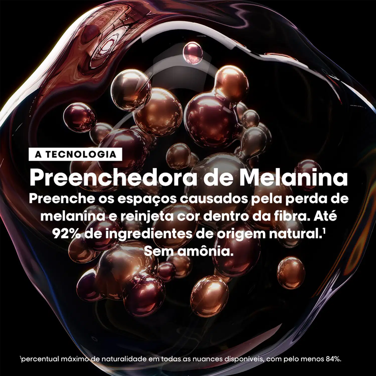 A imagem mostra um produto de coloração capilar da linha L'Oréal Professionnel. É uma tecnologia chamada "Preenchedora de Melanina" que, de acordo com o texto, preenche os espaços causados pela perda de melanina e reinjeta cor dentro da fibra capilar.