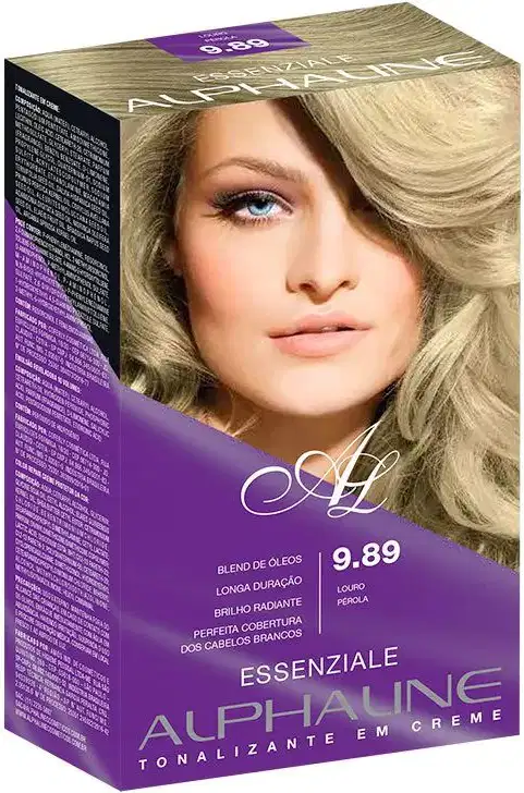 É uma caixa de tinta para cabelo da marca Alpha Line, linha Essenziale. A embalagem é uma caixa retangular roxa. Na parte frontal, há uma imagem de uma mulher loira. O número 9.89 indica o tom "Louro Claro" da tinta.