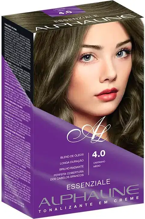 É uma caixa de tinta para cabelo da marca Alpha Line, da linha Essenziale. A embalagem é uma caixa na cor roxa, com detalhes em branco. há a imagem de uma mulher com cabelos castanhos. Indica que é um "Tonalizante em Creme" na cor 4.0 Castanho Médio.