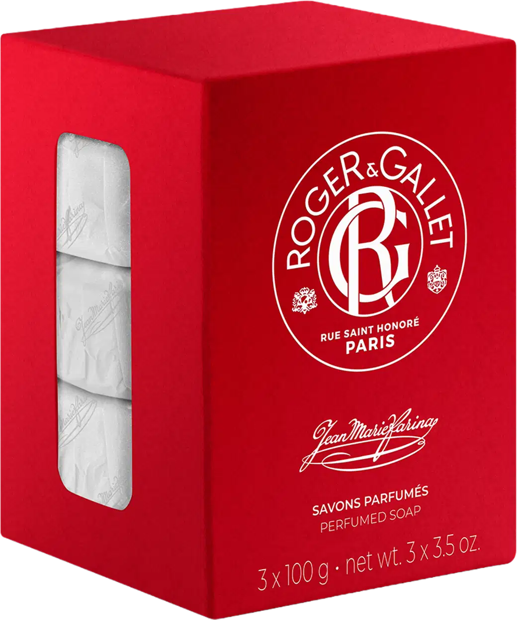 Caixa vermelha contendo três barras de sabonete perfumado da marca Roger & Gallet, com o logotipo e nome da marca impressos em branco. A embalagem apresenta uma janela transparente para visualizar os sabonetes.