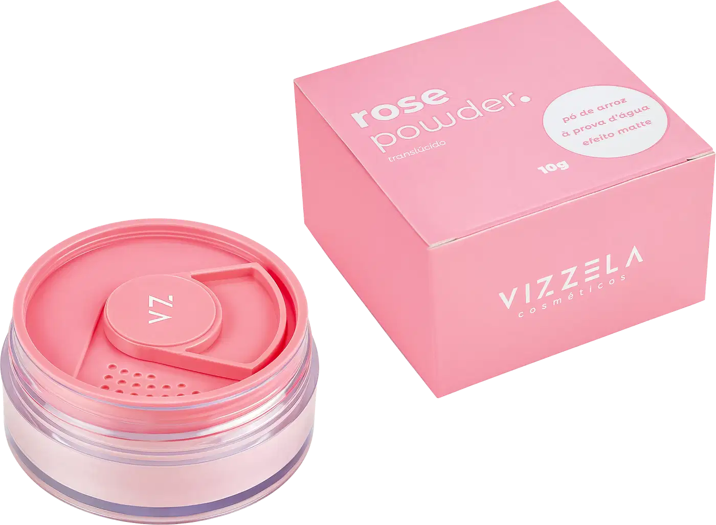 Pó Solto Facial Rosa da marca Vizzela. Imagem junto da caixa do produto.