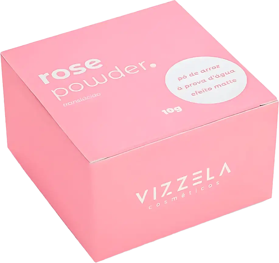 Pó Solto Facial Rosa da marca Vizzela. Imagem da caixa do produto.