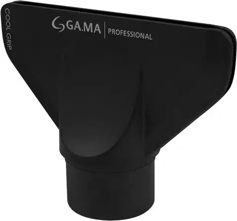 A imagem mostra o bico do secador de cabelo da marca GA.MA Italy. Peça plástica preta em formato de funil com abertura larga em uma extremidade e bico estreito na outra.