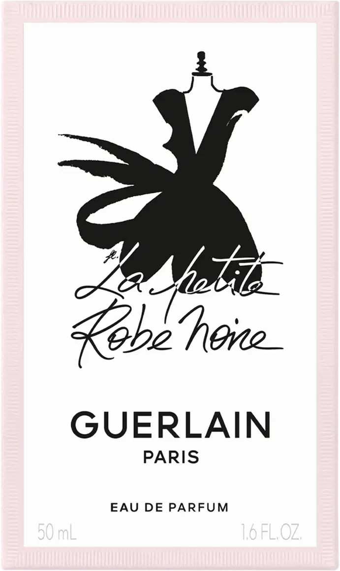 A imagem mostra a caixa do perfume, branca, com borda rosa e detalhes e letras pretas.