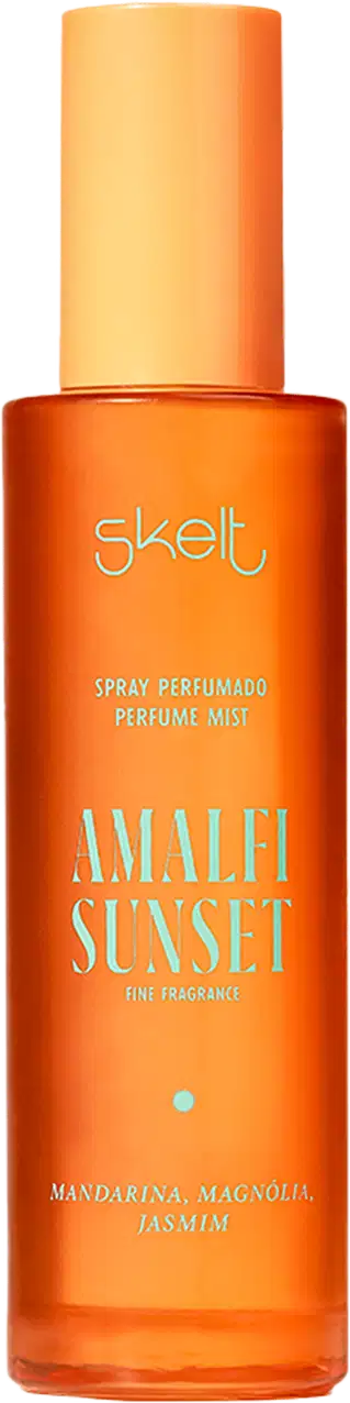 Spray perfumado Amalfi Sunset da marca Skelt. Embalagem cilíndrica de plástico transparente na cor laranja. Rótulo na parte frontal com o nome do produto "Amalfi Sunset" em letras maiúsculas.